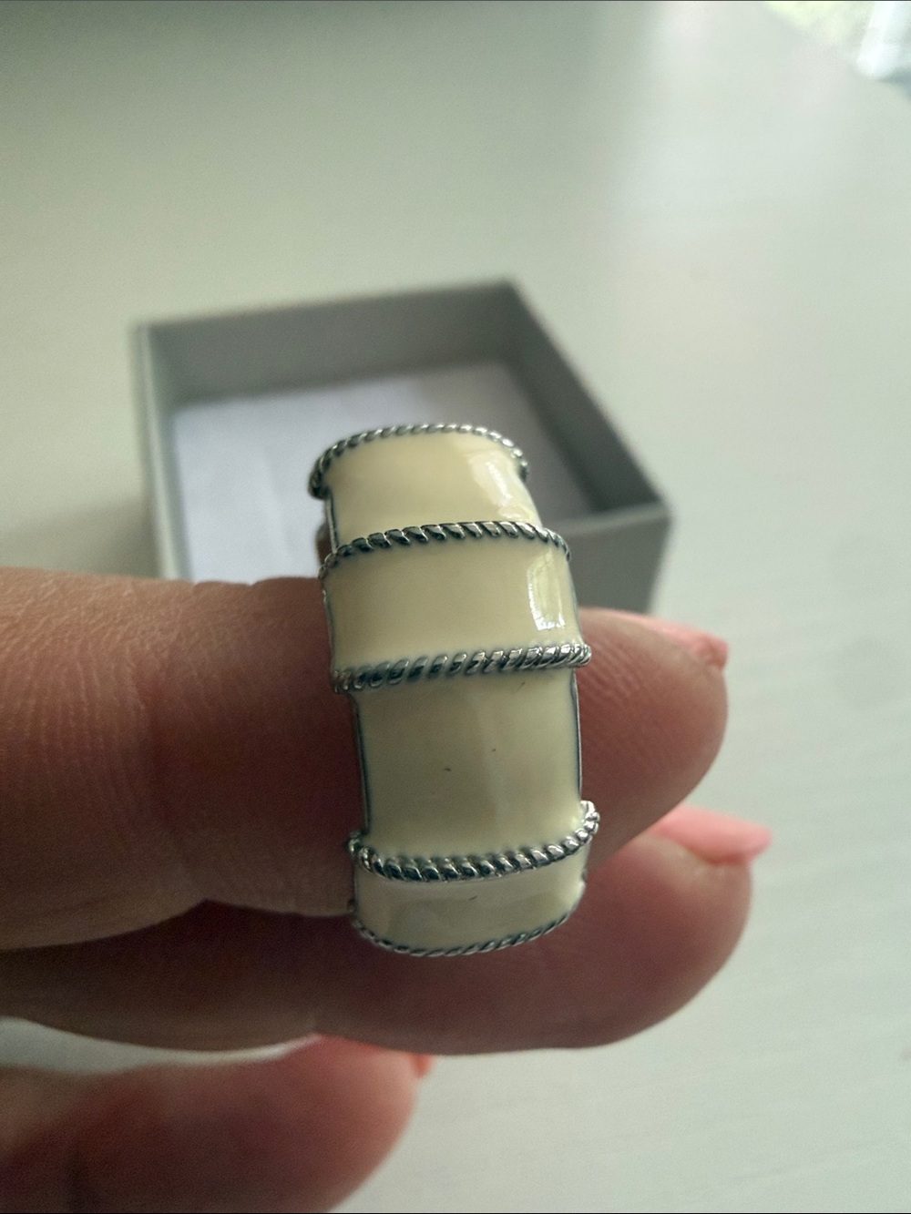 Off-White Enamel Silver-Trim Ring - Elegant Women's Band - Picture 7 of 9
